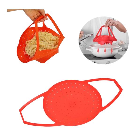 Long Handle Silicone Vegetable Steamer Pasta Strainer Red 12x8 Harvery Life New - Picture 2 of 5